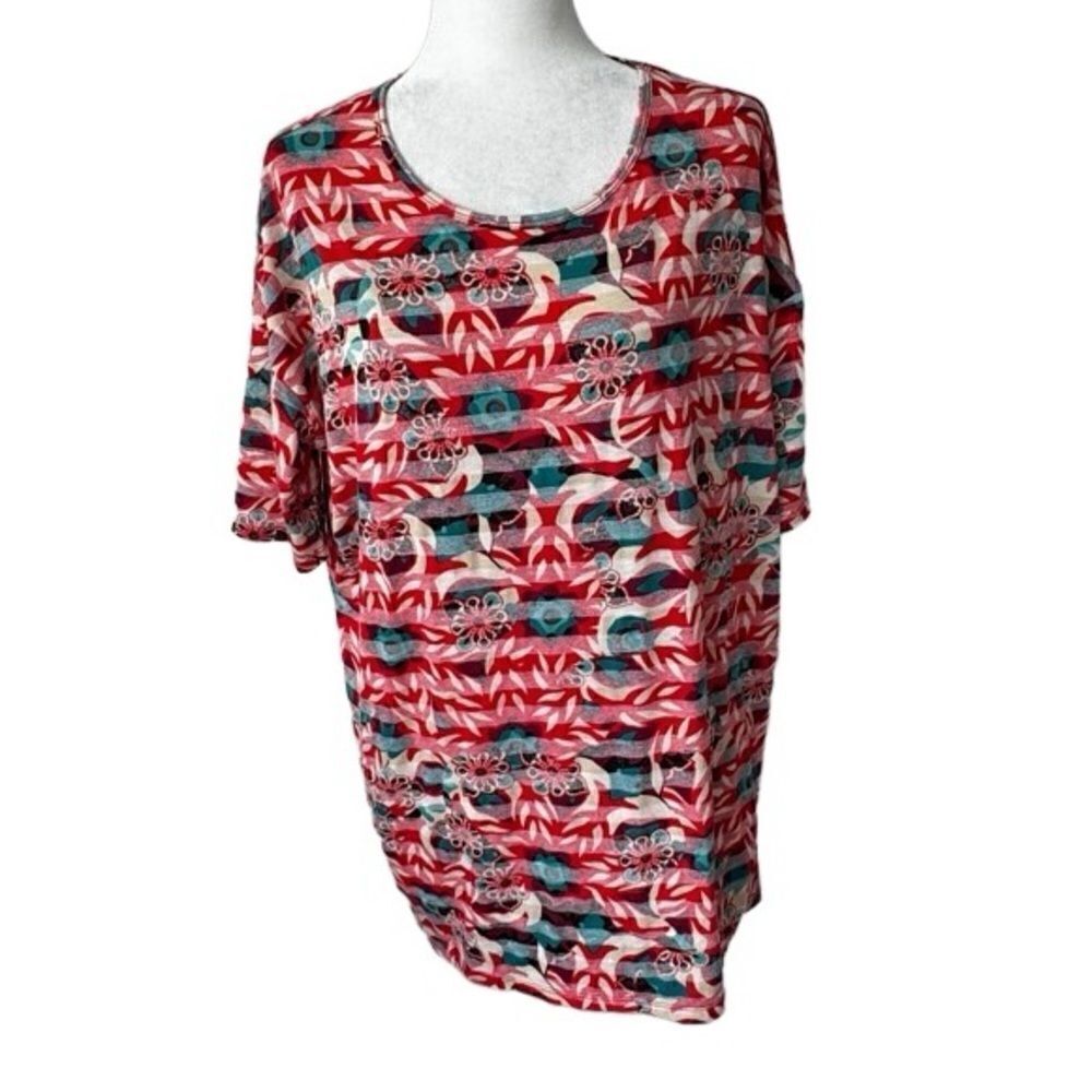 LuLaRoe Irma Shirt Stretchy Top Red Blue Pattern Tunic SZ S